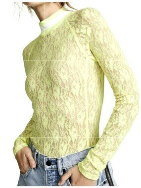 Alexander Wang Yellow Lace Long Sleeve Small Bodysuit Striped Neckline New